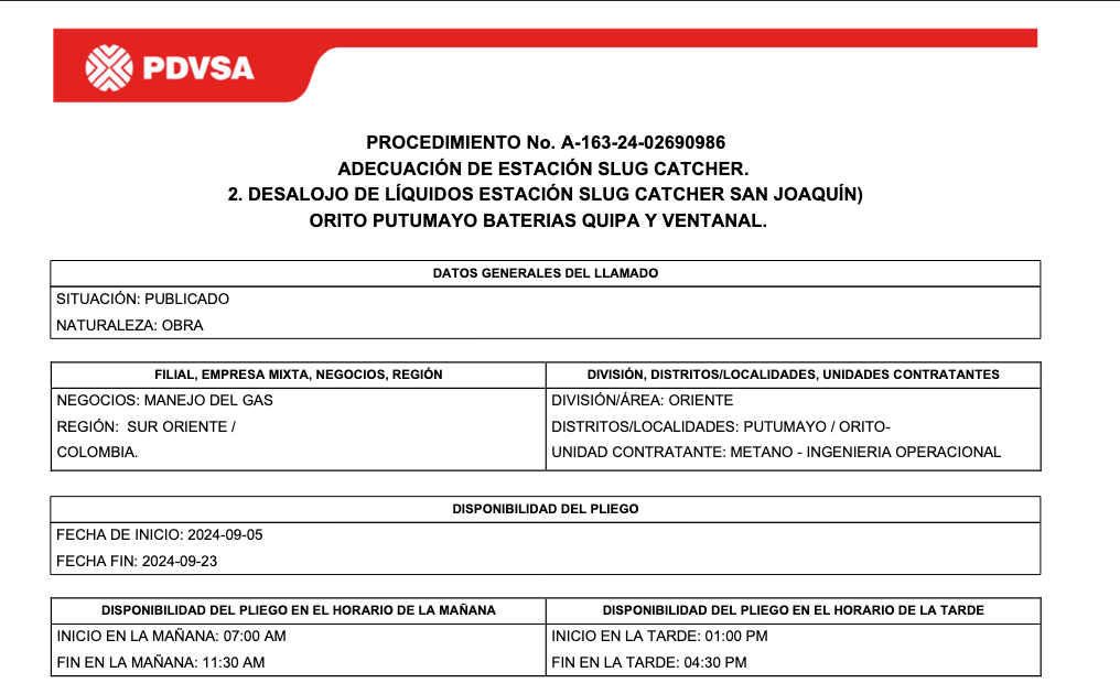 Proc. A-163-24-02690986 | Adecuación Slug Catcher San Joaquín | Orito, Putumayo | 05-23/09/2024
