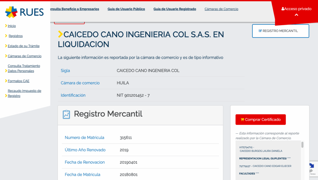 CAiCEDO Cano Ingeniería Col S.A.S. (en liquidación) | NIT 901201452-7 | Cámara de Comercio del Huila