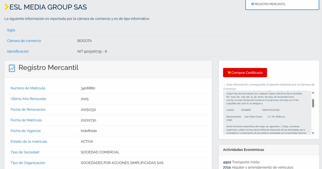 Información mercantil de Esl Media Group S.A.S.