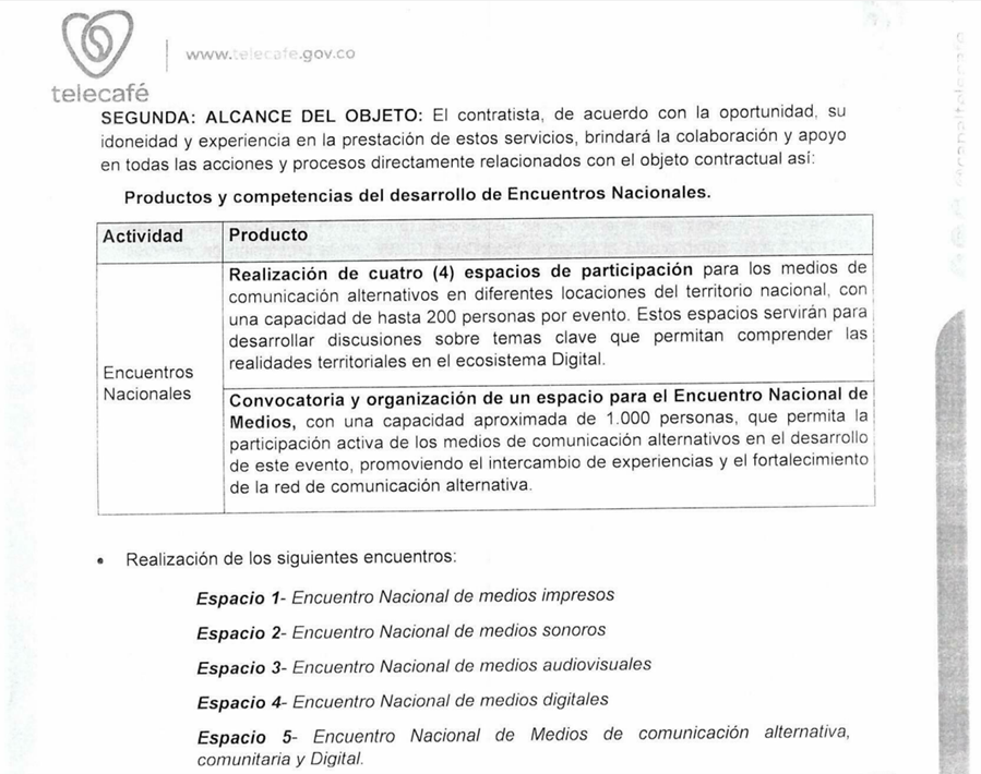 Detalle de actividades y productos acordados para 5 encuentros nacionales de medios alternativos, con capacidad entre 200-1.000 personas. Fuente: telecafe.gov.co.