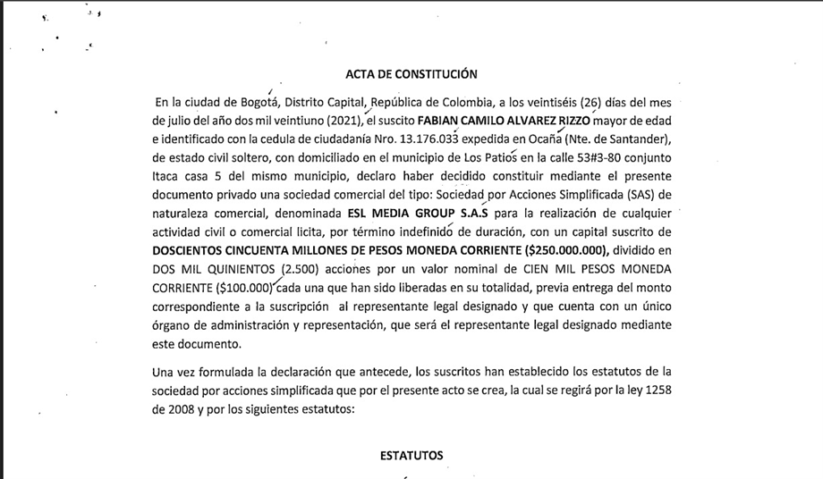 Acta de constitución de ESL Media Group SAS (2021)
