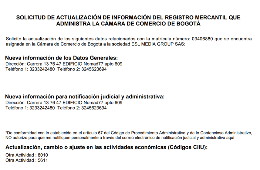 Actualización de datos mercantiles de ESL Media Group SAS. 