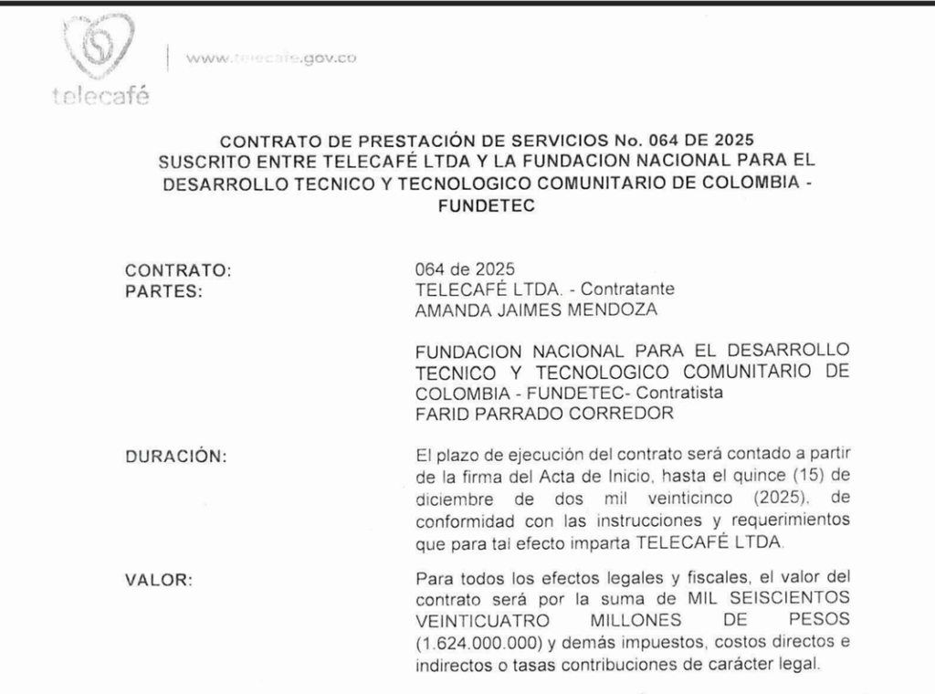 Firmado por Amanda Jaimes (Telecafé) y Farid Parrado (FUNDETEC).