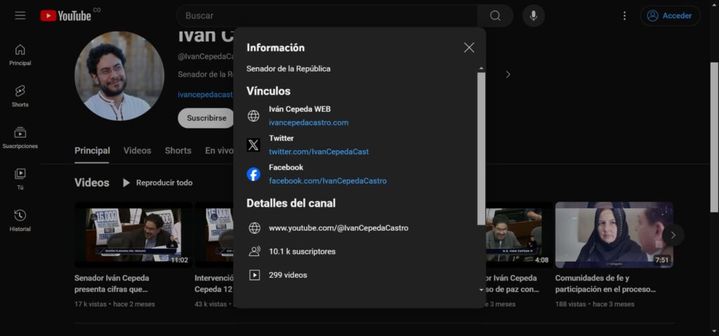 Correo utilizado para administrar la cuenta de YouTube ivancepedacastro@gmail.com.