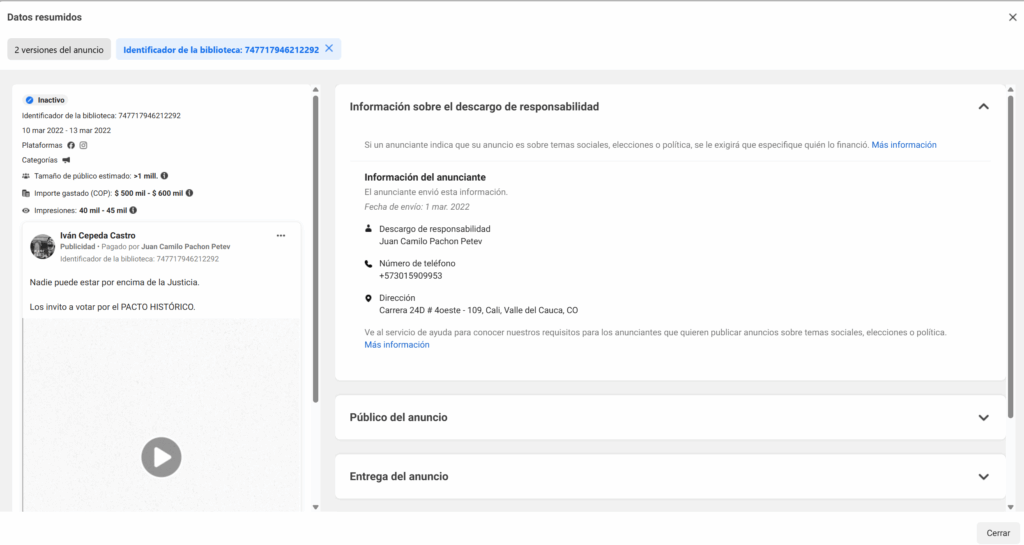 Registro de pauta de Meta pagada por Juan Camilo Pachón Petev.