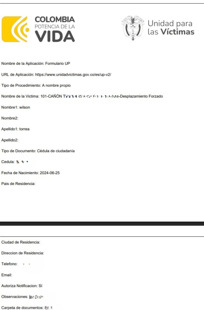 Usuario falso que se registró en el formulario de la plataforma Sistema Nacional de Atención y Reparación de Víctimas.
