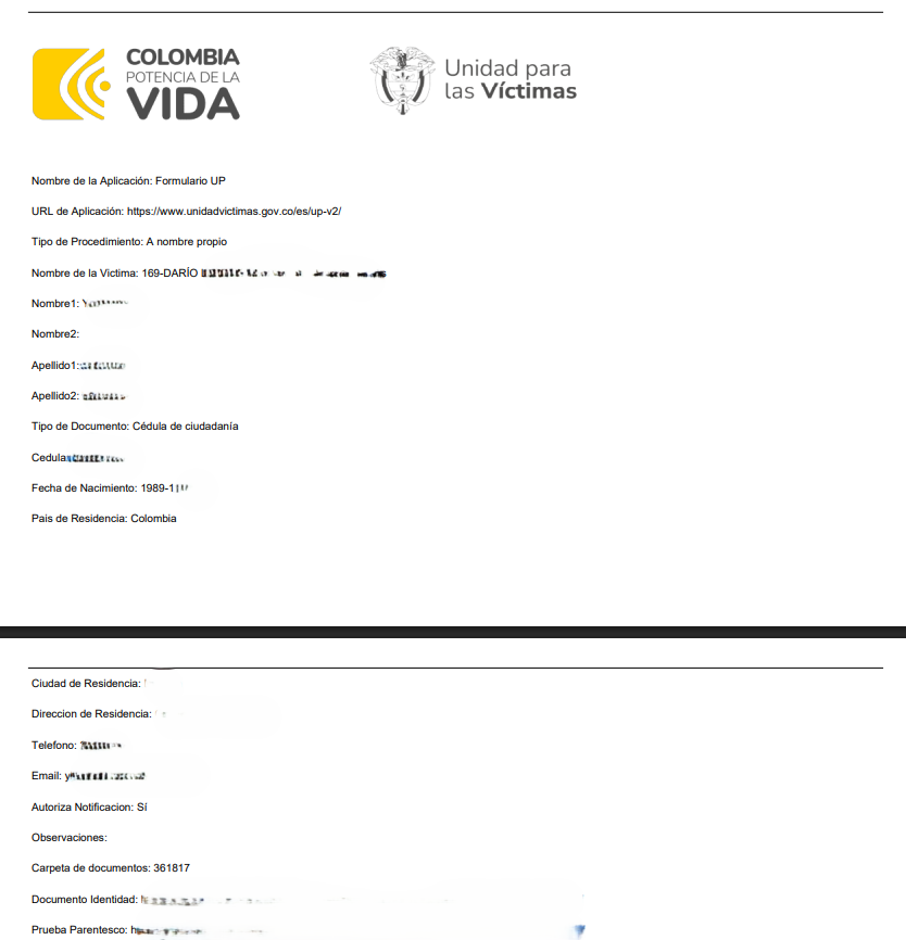 Formulario de datos sensibles y reales de víctimas y familiares de la UP.